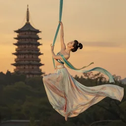 portrait of beautiful asian girl dancing with long ribbons in pagoda durring magic hour, aerial silk, classical painting