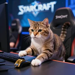 A humanoid cat playing Starcraft during a professional esports tournament. Photo-realistic highly-detailed 8K