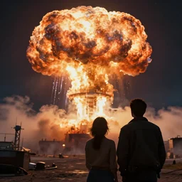 couple watching atomic explosion, hyper realism, cinematic shot, dramatic ambient lighting, epic composition, fine details, octane render, 8 k, vibrant colors, depth of field, concept art, digital art, deviantart artstation, extremely detailed, very sharp,