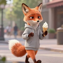 furry art of female fox walking down the street holding an icecream cone, digital art, artstation, 4K, detailed, detailed fur, wearing grey hoodie, zootopia,