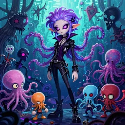 CGI lisa frank gothic punk vampiric rockstar underwater chromatic aberration vampire squid background designs of various shapes and sizes by genndy tartakovsky and ruby gloom by martin hsu and the creators of fret nice at pieces interactive and splatoon by nintendo and psychonauts by doublefines tim shafer being overseen by Jamie Hewlett from gorillaz for splatoon by nintendo