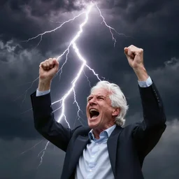 photograph of geert wilders white static hair, shouting, raising both hands, touching lightning bolts, dramatic lighting, dark clouds