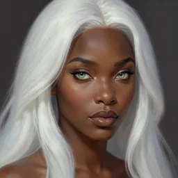 A head-on detailed oil fantasy portrait of a black woman with pale green eyes and long white hair by greg rutkowski, trending on artstation, dungeon and dragons art