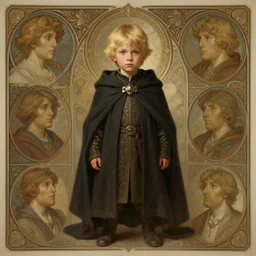 portrait of a halfling boy who is 3 feet tall with blonde hair, wearing a dark cloak, intricate, elegant, highly detailed, my rendition, digital painting, artstation, concept art, smooth, sharp focus, illustration, art by artgerm, greg rutkowski and alphonse mucha and uang guangjian and gil elvgren and sachin teng and wlop, symmetry
