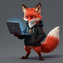 a league of legends concept art of an anthropomorphic red fox in a black hoodie holding a portable computer, front view, hoodie with a hacker emblem, artstation, digital art, oc commission, style by jordan grimmer and greg rutkowski, 4 k resolution
