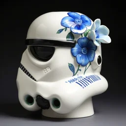 ebay. stormtrooper head vase, with highly detailed painted durch ceramics, blue detailed flowers, art pottery, delftware, by james jean