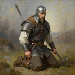 Scandinavian berserker on his knees, painting by Diego Gisbert Llorens