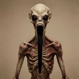 humanoid with crooked teeth, two shallow black eyes, long open black mouth, alien looking, big forehead, horrifying, killer, creepy, sepia tint, sepia tint, long open black mouth, dead, looking straight into camera, realistic, slightly red, long neck, boney, monster, tall, very skinny, skullish, big forehead, in the style of alfred kubin