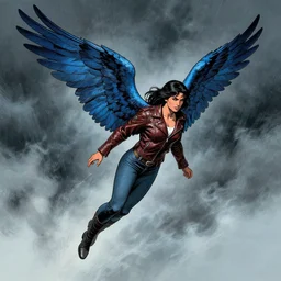 angel avan jogia with blue-indigo-feather wings. Leather jacket, boots and jeans. Flying in a stormy sky. Distant full body shot. Artwork by Will Eisner