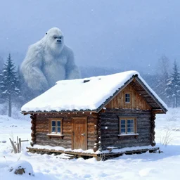 a hyperrealism cabin in a snow storm with a yeti in the distance, vibrant color scheme, highly detailed, in the style of romanticism, cinematic, artstation, moebius, greg rutkowski