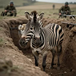 tilt shift zebra pondering over a dug out trench wwi, dramatic light, zdzidaw, ultrafine, hyperrealistic, vintage, retro, 3 5 mm film still, movie
