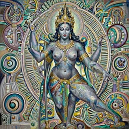 A cinematic full-length portrait of the colossal Hindu demon princess, by Wayne Barlowe, by Sandro Botticelli, by Paul Lehr, by Bruce Pennington, by HR Giger, oil on canvas, masterpiece, trending on artstation, featured on pixiv, cinematic composition, dramatic pose, beautiful lighting, sharp, details, details, hyper-detailed, no frames, cyan and green, 8K