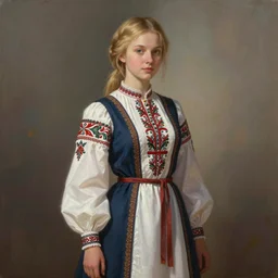 a professional painting of an russian young blonde girl intricate, wearing russian ancient folk dress, elegant, digital painting, concept art, smooth, sharp focus, finely detailed illustration, beautifully framed, from Metal Gear, in the style of Artgerm and Greg Rutkowski and William-Adolphe Bouguerea