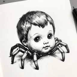 black ink on paper, doll head with spider legs, trending on artstation, beautiful, intricate, detailed