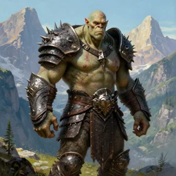 A powerful large orc with pale skin covered in scars stands near the mountains, wearing spiky complex detailed armor without a helmet. Extremely high detail, realistic, fantasy art, scars, solo, masterpiece, saturated colors, art by Zdzisław Beksiński, Arthur Rackham