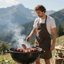 giulio cesare grilling meat in a barbecue outside, sunlight, natural lighting, nature, mountain, barbecue, professional photography, 5 0 mm