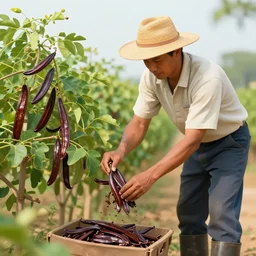 farmer picking up carob,