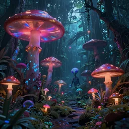 Highly detail wide angle photo, of Aliens with psychedelic mushrooms, Dark Neon colored Rainforest, by Salvator Daly, octane render trending on Artstation 8k