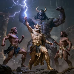 god zeus throwing lightning at titan chronos. mythology style. highly detailed 8 k. intricate. lifelike. soft light. sony a 7 r iv 5 5 mm. [ cinematic post - processing ].