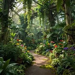 A massive indoor garden, with a path, tall ceiling, overgrown with weeds, lush plants, colorful flowers, rich and green vines hanging from the tall ceiling, verdant bushes, mossy, dimly lit by natural sunlight, detailed, digital art, trending on Artstation, immaculate scale, cinematic lighting