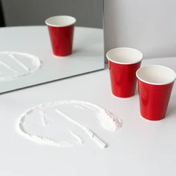 Table full of drugs, cocaine lines on mirror, red solo double cups with purple liquid inside, still life in the style of dutch masters from 1600s