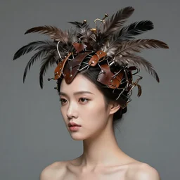 hyper realistic woman with a weird head piece on her head, made of wires, made of leather, made of feathers, masterpiece, trending on artstation, photograph