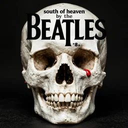 album cover for south of heaven by the beatles, 1 9 8 8, a giant skull, pain and torment, dark with glowing red and orange, by geiger and goya and greg rutkowski, trending on artstation