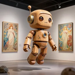 3 d octane render ultra photorealistic 8 k hyper detailed, a very very cute wooden statue robot of the roman cyberpunk flying in the space intergalactic in a contemporary art gallery in neo tokyo artwork by alphonse mucha