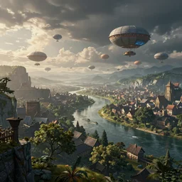 landscape airships circling a fantasy town at a distance with a river running through it, trees surrounding it and mountains in the distance in the style of andreas rocha