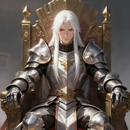 Man with long white hair and red eyes wearing armor sitting on a throne, digital art, 4K