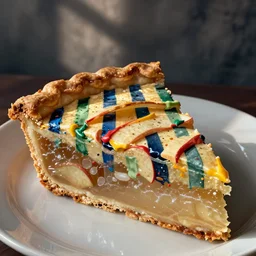 a thick slice of apple pie, vertical pinstripes covered in splashes of paint, ryoji ikeda, m. c esher, vincent di fate, sandra chevrier, chesley bonestell, vincent di fate