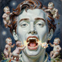 a massive porcelain sculpture in an psychosphere of nicholas cage's face spewing glowing babies from his mouth, in the style of johnson tsang, funny sculpture, lucid dream series, oil on canvas, francis bacon