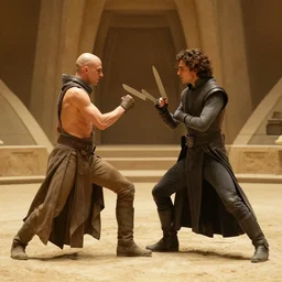 choreographed_knife_fight  between two people, bald_hairless_Austin_Butler_as_Feyd-Rautha_Harkonnen and Timothee_Chalamet_as_Paul_Atreides, in an arena pit, film still from movie Dune-2021, golden ratio