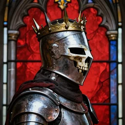 side - view portrait of a knight, kaldor helmet, skull - shaped visor, spike crown, gothic stained glass window, red background, very masterful