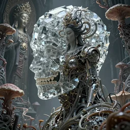 dreamland of chinese, ghost, sharp, slender and densely arranged teeth, dystopian, cyberpunk, organic fractal mycelum and fungi, mecha, halfturn portrait of a big crystal face made of crystals half - turn, ominousreligious deity imagery in stunning environment, art by anthony macbain + greg rutkowski + alphonse mucha, concept art, 4 k, sharp focus