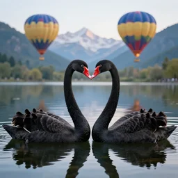 photo of two black swans touching heads making a heart with their necks, in a beautiful reflective mountain lake, a colorful hot air balloon is reflecting off the water
