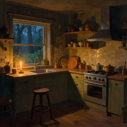 'weird perspective'!!!!!!!!! epic illustration of a kitchen dim lit by 1 candle in a scenic environment by Anton Fadeev
