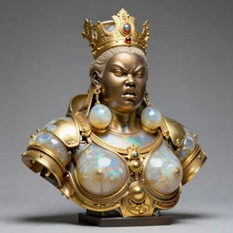 iridescent tanslucent onyx and gold bust of angry futuristic obese mechanical young black empress, museum piece, chromatic distortion