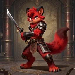 a dashing weasel bandit furry red - and - black fursona animal character { with tail }, leather armor, mid - action pose on a painted elaborate industrial background by peder balke, ue 5, flintlock and dagger, dark industrial fantasy, this fursona has [ a tail! ]