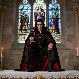 vampire dressed in black and red medieval noble’s clothing, with long black hair, clean shaven, holding a glass of wine and a lit match, sitting atop a catholic church altar in front of a shattered stained glass window. Wide shot, realistic.