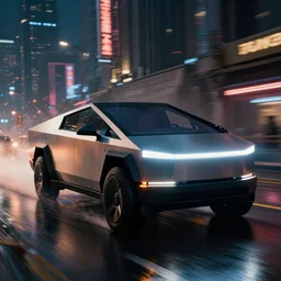 closeup photo of combat tesla cybertruck driving on wet dystopian cyberpunk city streets at night, mad max, action, speed, volumetric lighting, hdr, gta 5, makoto shinkai, syd mead, craig mullins, cinematic, fast and furious, octane, 8 k, iso 1 0 0, 1 2 mm