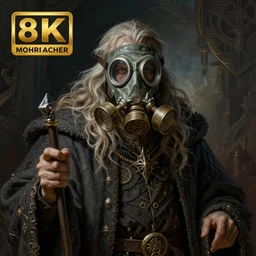 fineart illustration of the old necromancer, wearing a wizard cloak, gas mask, by peter mohrbacher, tom bagshaw, hyper detailed, intricate, complex, 8 k, crisp,