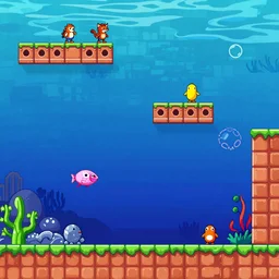 2d side scrolling platformer inspired by the underwater donkey Kong levels, painted with colors that would be used by the Lisa frank company
