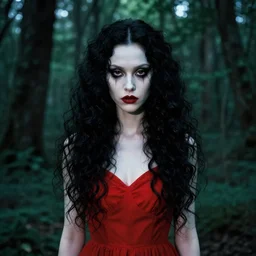 in the style of loish, artgerm, symmetrical face, evil dead demon, pretty alyson hannigan, evil dead demon, evil dead movie, red dress, loish, symmetrical eyes, symmetrical eyes, long curly black hair, trees, symmetrical eyes, forest, evil dead, forest, cinematic lighting, evil dead, artgerm, loish
