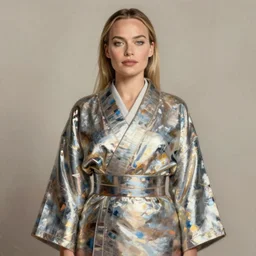margot robbie wearing a futuristic metal kimono, half body portrait, greg kutkowski, sharp details, soft brushstrokes, subsurface scattering, warm lighting