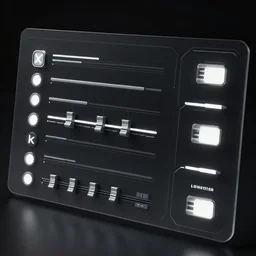 a futuristic interface ui hud, 8 k, sliders, switches, horizontal, sleek black and white