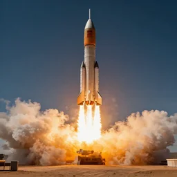 a rocket blasting off into space, octane render, highly detailed, highly intricate, sense of scale and awe, highly detailed fire, smoke, ue 5, hyper - realistic, desert
