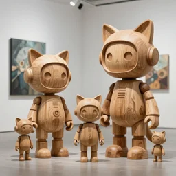 ultra realistic dream 8k octan advertising photo, totally wooden sculpture collection art toys on feet, very cute robot zen with cat ears ,cyberpunk a contemporary art gallery artworks by Tooth Wu