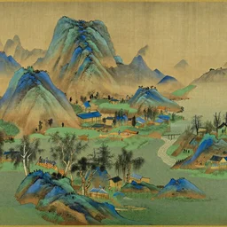 an ancient chinese painting of a thousand miles of rivers and mountains, painted by Vincent Van Gogh