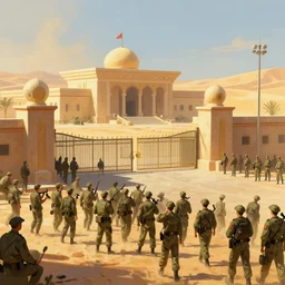 a crowd gathering around | government security facility military gate | in the hot desert trending on artstation digital paint 4 k render